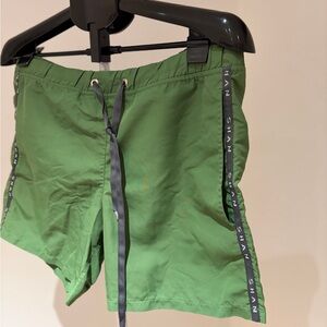 SHAN Green Swim Shorts with Contrasting Gray Drawstring and Logo Tape